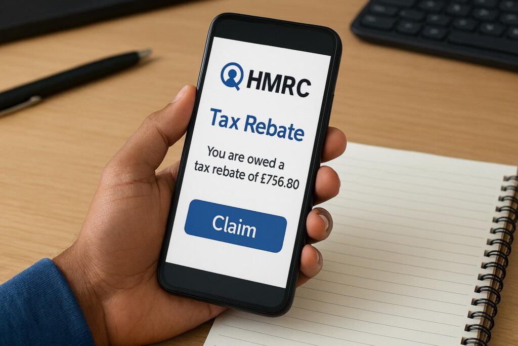Person checking HMRC app tax rebate on Android phone at a desk