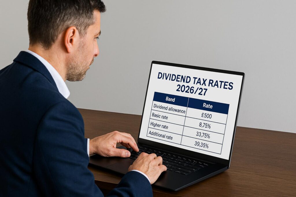 UK limited company director reviewing dividend tax rates 2026/27 on laptop