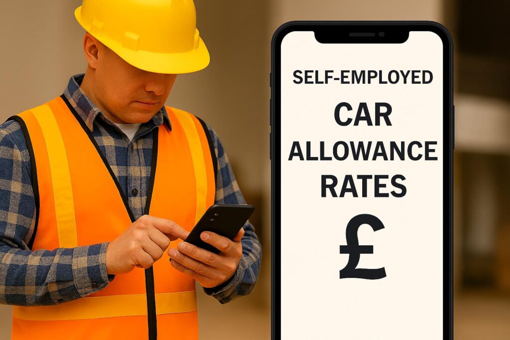 construction worker looking at self employed car allowance rates on phone