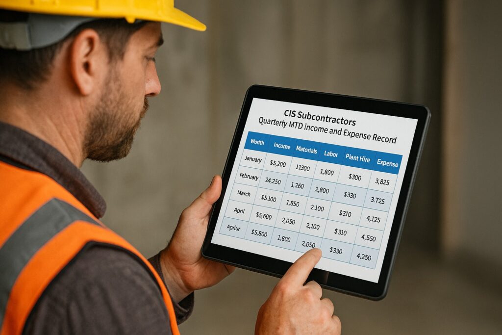 CIS subcontractor reviewing quarterly MTD income and expense records on a tablet