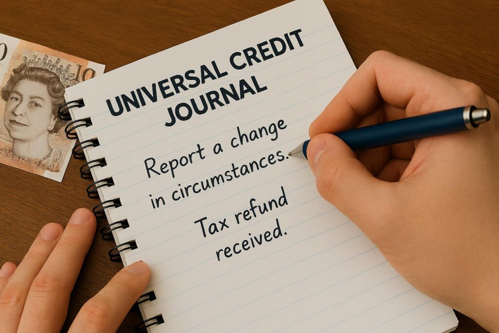 UK taxpayer writing in universal credit journal to report a tax refund as a change in circumstances