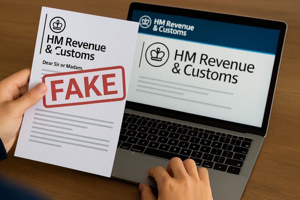 person-checking-fake-hmrc-letter-online.jpg — Person verifying a suspected fake HMRC letter using gov.uk on a laptop