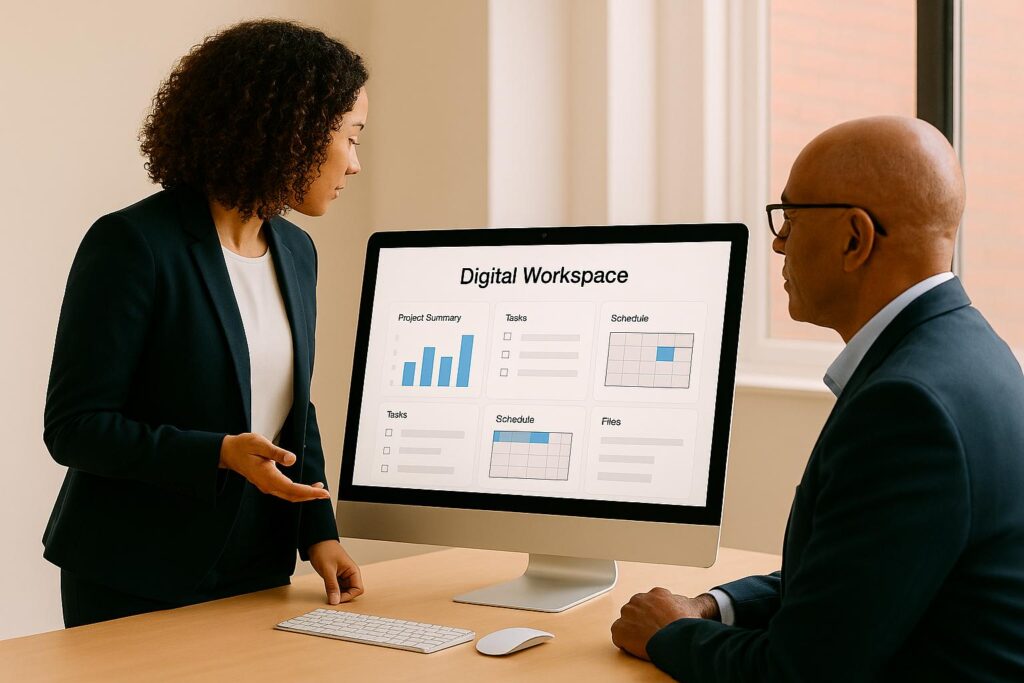 a founder confidently sharing a clean, organized digital workspace with an investor